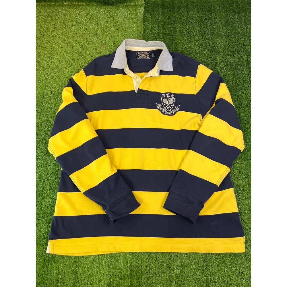 American Living Mens Rugby Shirt Large Navy Blue Yellow Striped Long Sleeve Polo